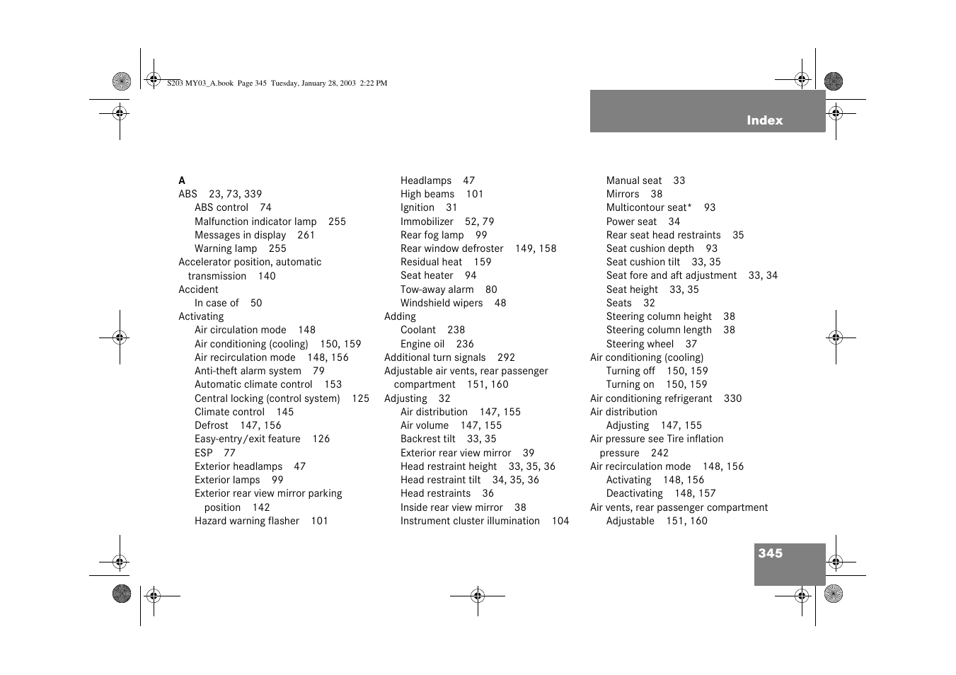 Index | Mercedes-Benz 2003 C 240 4MATIC User Manual | Page 339 / 370