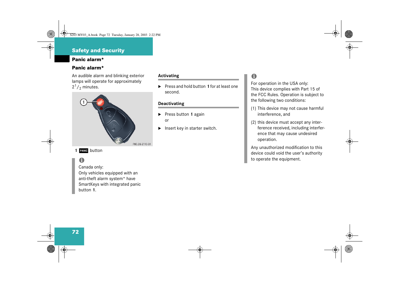 Panic alarm;panic alarm:panic button on smartkey, Activating, Deactivating | Tton, Panic alarm | Mercedes-Benz 2003 C 240 4MATIC User Manual | Page 66 / 370