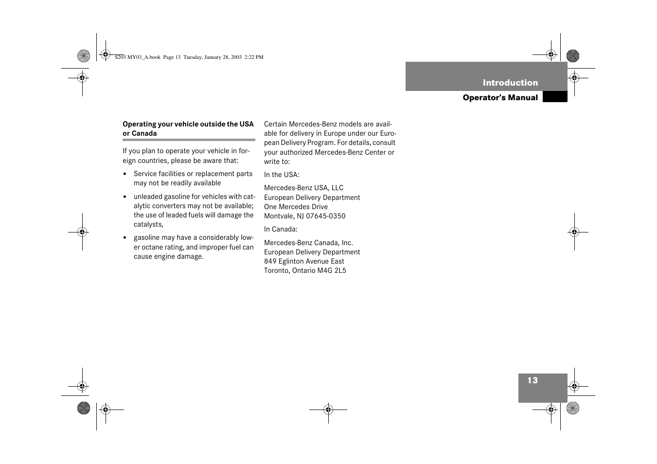 Operating:vehicle outside the usa and canada | Mercedes-Benz 2003 C 240 4MATIC User Manual | Page 7 / 370