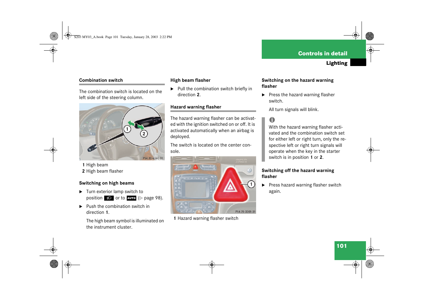Combination switch, Hazard warning flasher | Mercedes-Benz 2003 C 240 4MATIC User Manual | Page 95 / 370