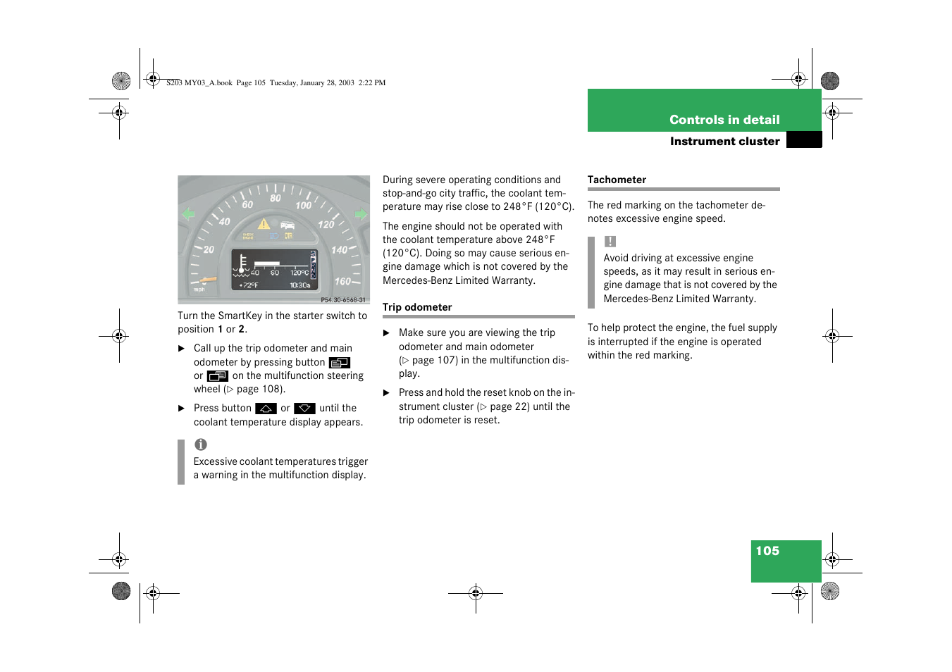 Resetting:trip odometer;trip odometer:resetting, Tachometer | Mercedes-Benz 2003 C 240 4MATIC User Manual | Page 99 / 370