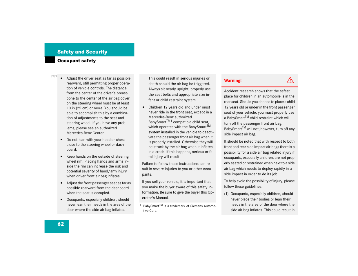 62 safety and security | Mercedes-Benz S-Class User Manual | Page 64 / 474