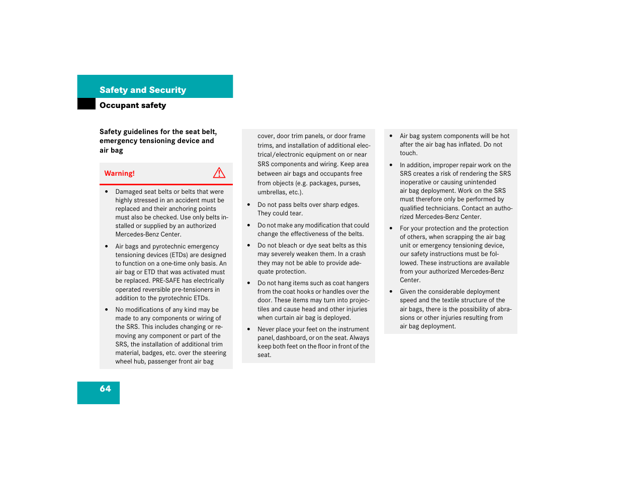 64 safety and security | Mercedes-Benz S-Class User Manual | Page 66 / 474