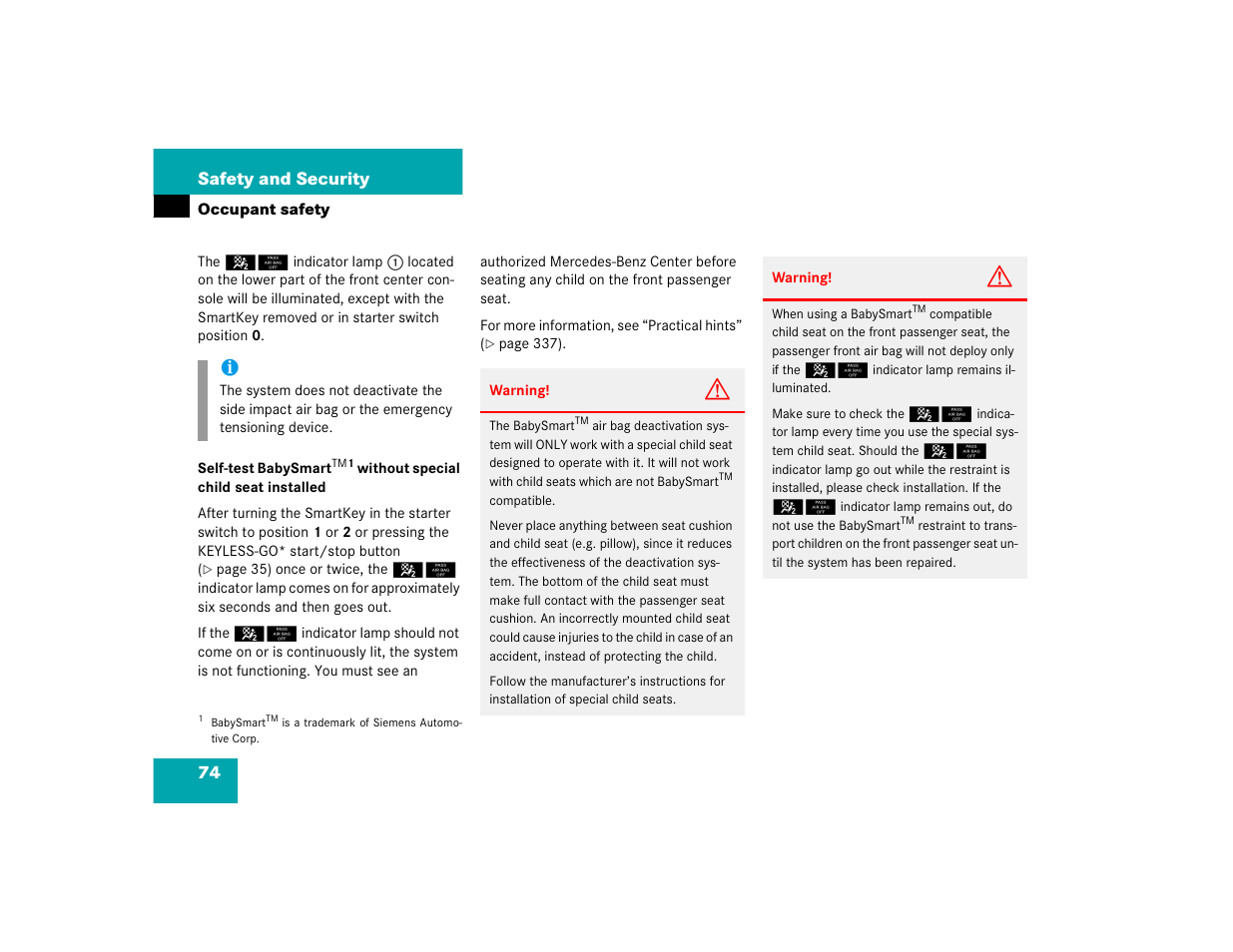 74 safety and security | Mercedes-Benz S-Class User Manual | Page 76 / 474