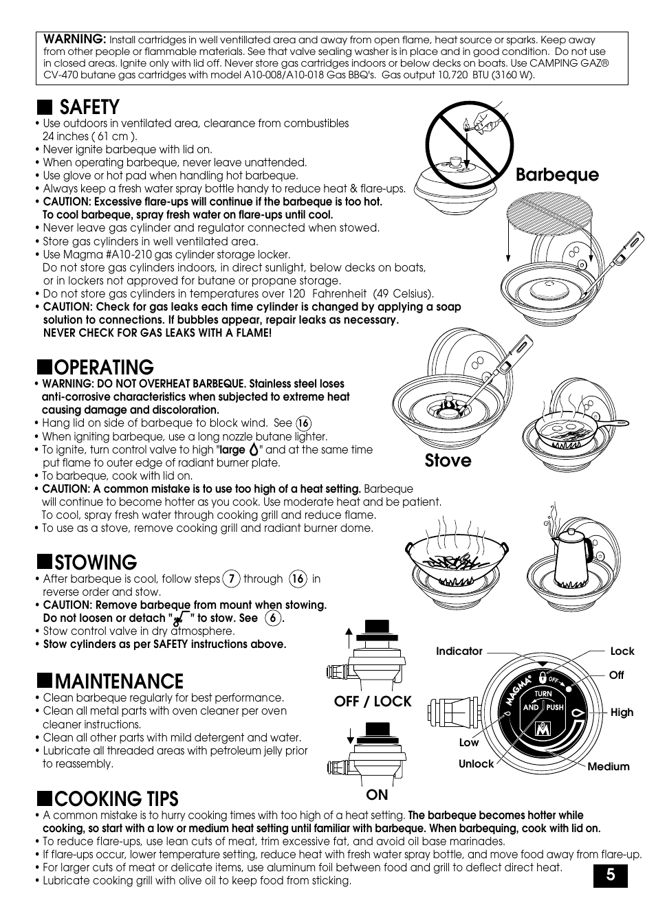 Cooking tips, Maintenance, Stowing | Safety, Operating, Stove barbeque | Magma A10-037NZ User Manual | Page 5 / 8