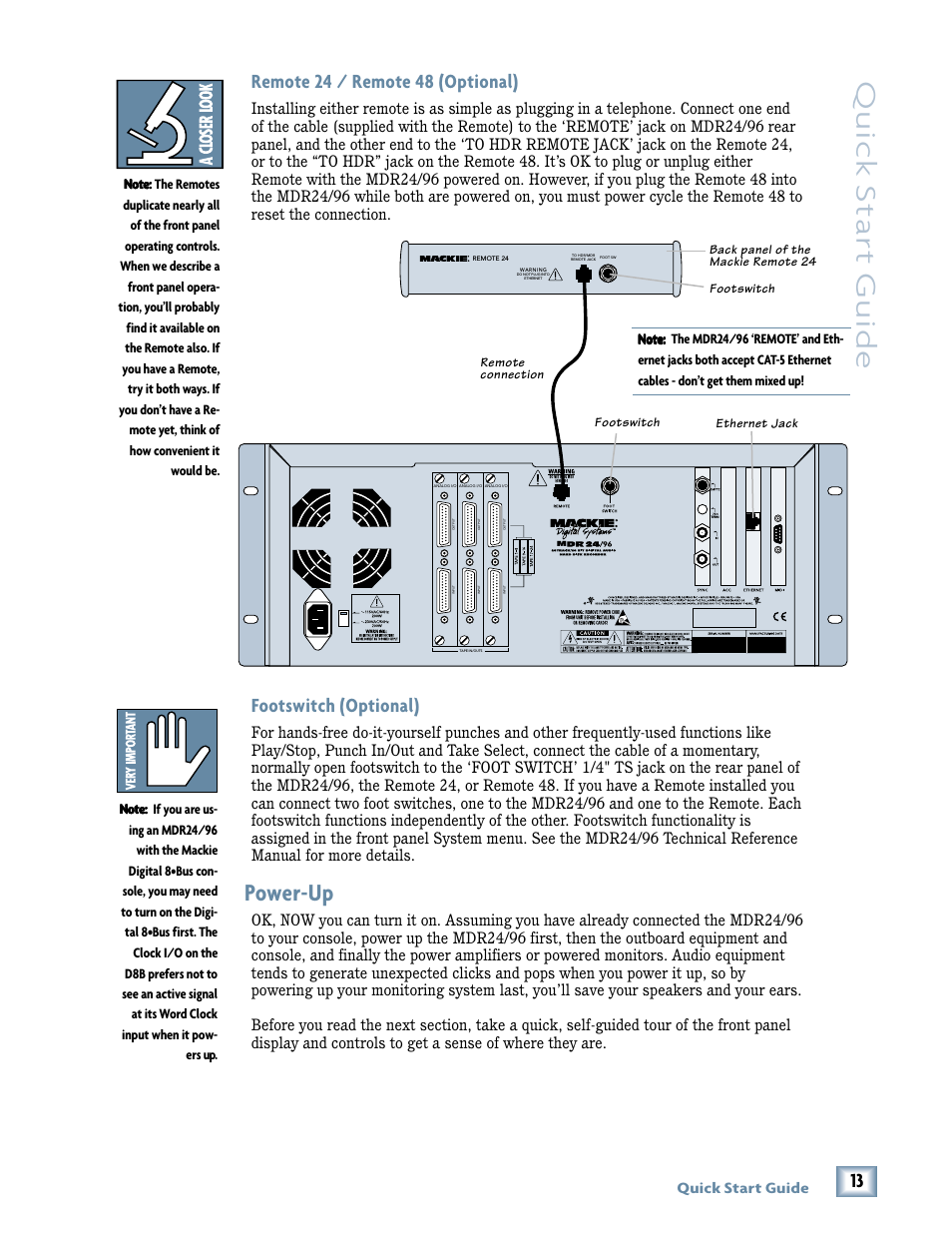 Quick star t guide, Power-up, Remote 24 / remote 48 (optional) | Footswitch (optional) | Magma MDR 24/96 User Manual | Page 13 / 44