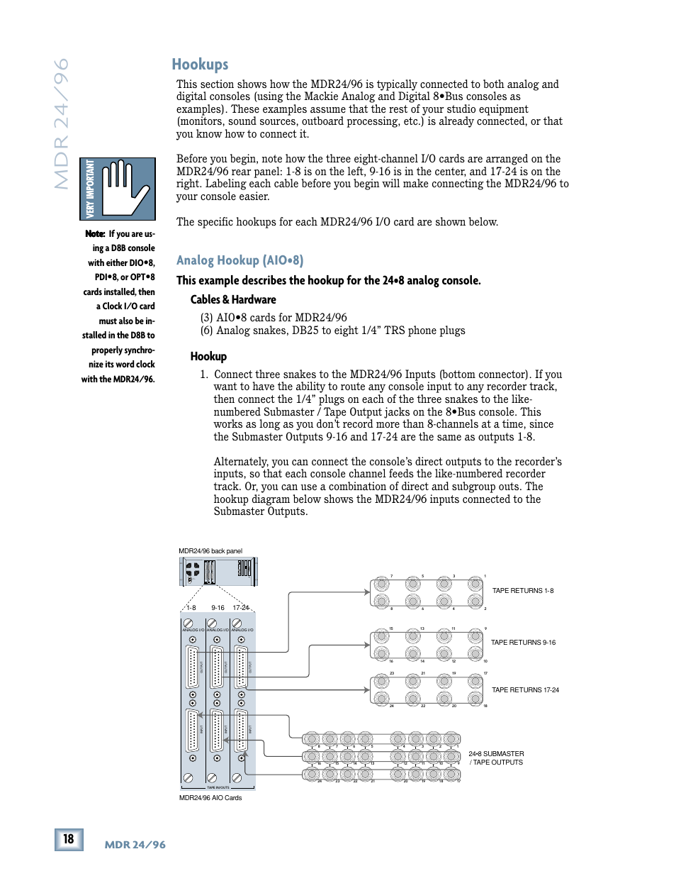 Mdr 24/ 96, Hookups, Analog hookup (aio•8) | Hookup, Mdr 24/96 | Magma MDR 24/96 User Manual | Page 18 / 44