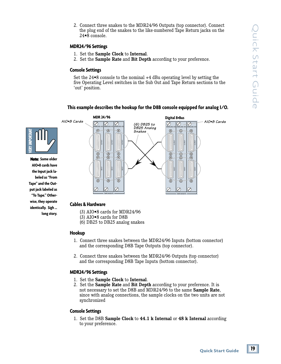 Quick star t guide, Cables & hardware, Hookup | Mdr24/96 settings, Console settings | Magma MDR 24/96 User Manual | Page 19 / 44