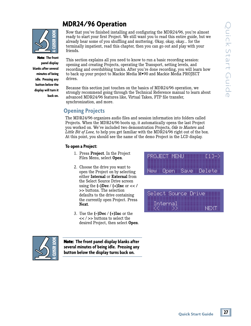 Mdr24/96 operation, Quick star t guide, Opening projects | Project menu [1]-> new open save delete, Select source drive internal << >> next | Magma MDR 24/96 User Manual | Page 27 / 44