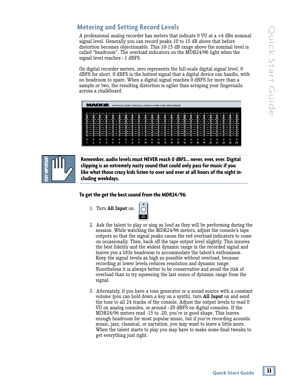 Quick star t guide, Metering and setting record levels, Quick start guide | Magma MDR 24/96 User Manual | Page 33 / 44