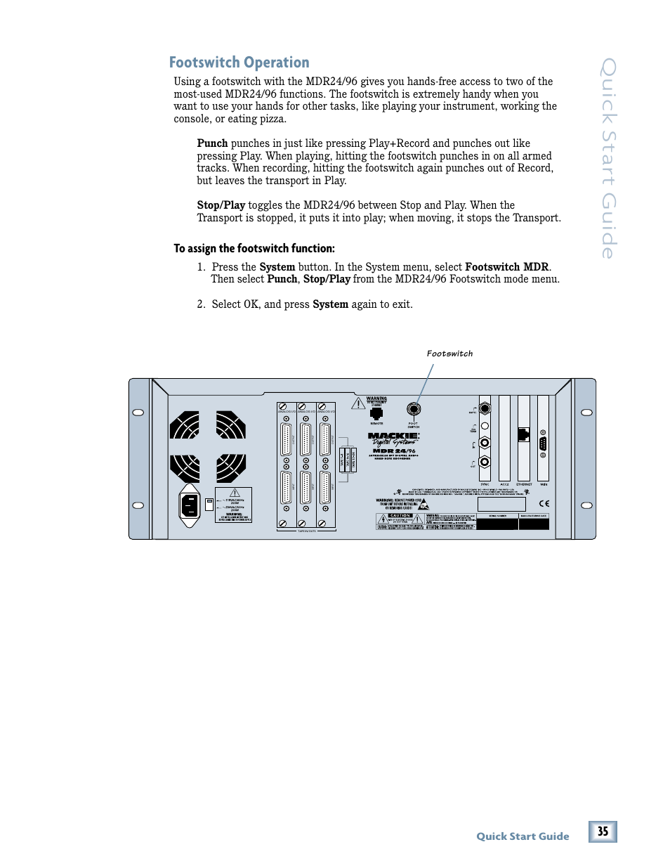 Quick star t guide, Footswitch operation | Magma MDR 24/96 User Manual | Page 35 / 44