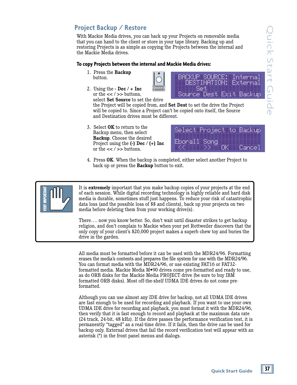 Quick star t guide, Project backup / restore | Magma MDR 24/96 User Manual | Page 37 / 44