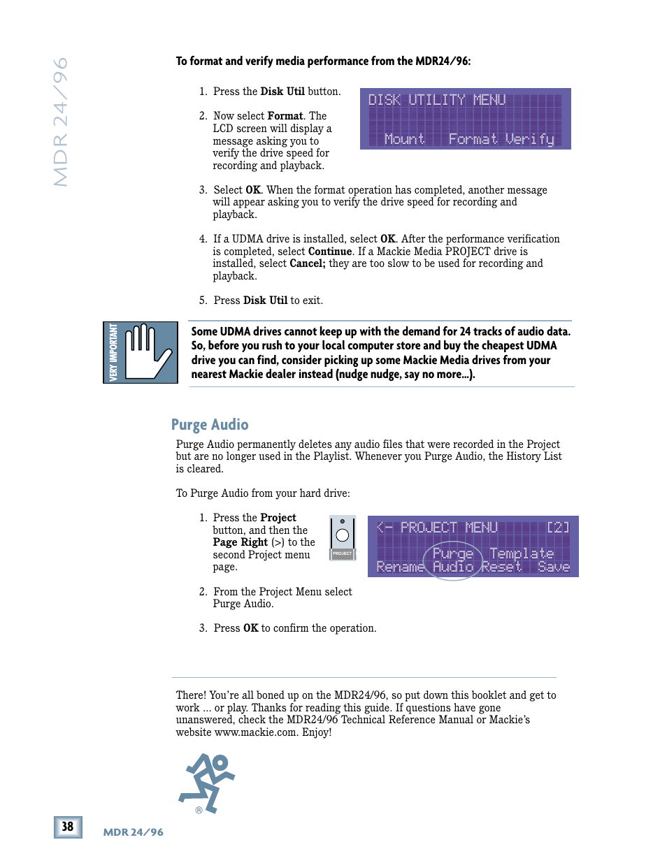 Mdr 24/ 96, Disk utility menu mount format verify, Purge audio | Magma MDR 24/96 User Manual | Page 38 / 44