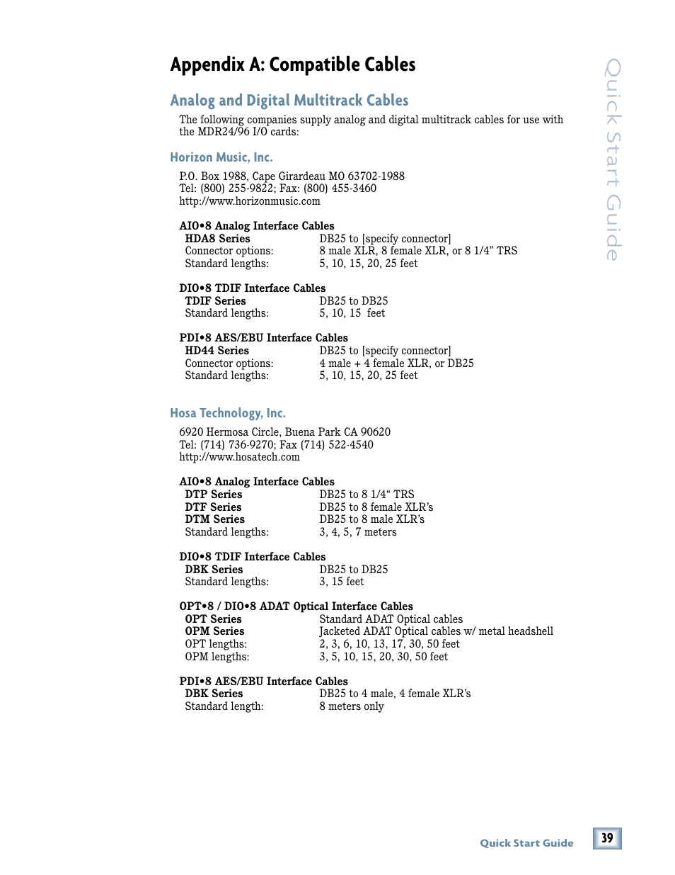 Appendix a: compatible cables, Quick star t guide, Analog and digital multitrack cables | Magma MDR 24/96 User Manual | Page 39 / 44