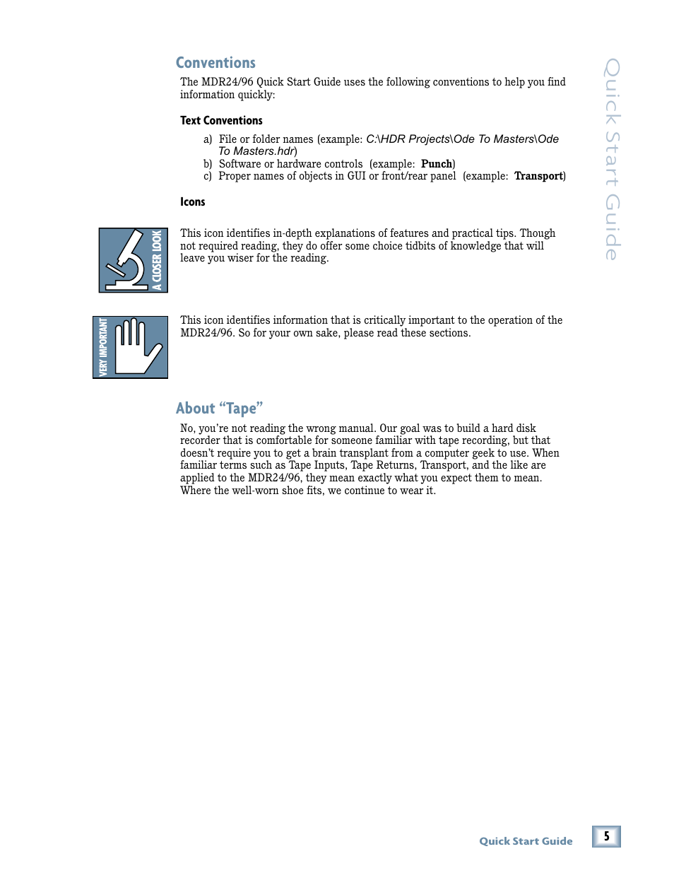 Quick star t guide, Conventions, About “tape | Magma MDR 24/96 User Manual | Page 5 / 44