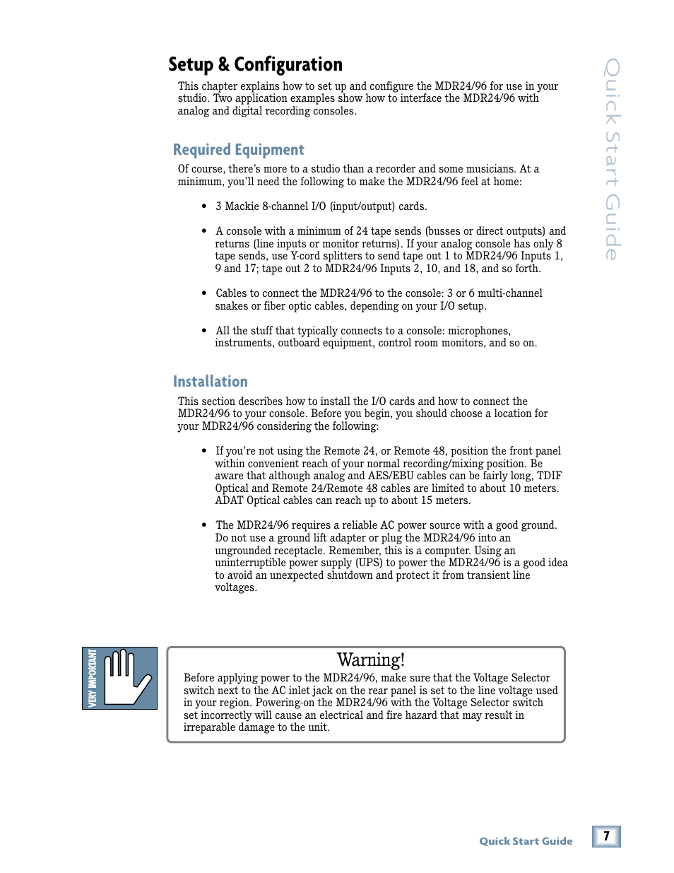 Setup & configuration, Quick star t guide, Warning | Required equipment, Installation | Magma MDR 24/96 User Manual | Page 7 / 44