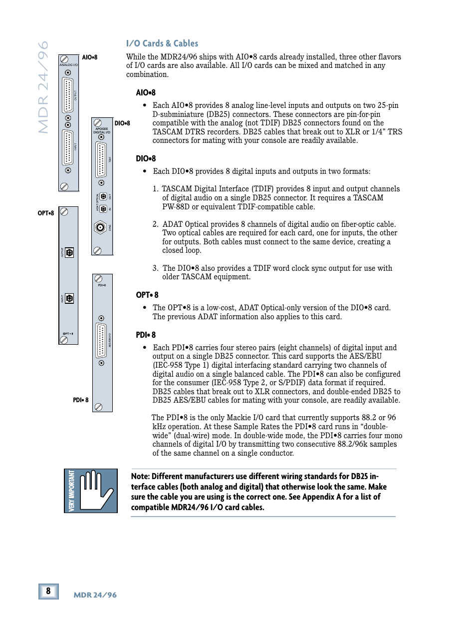 Mdr 24/ 96, I/o cards & cables, Aio•8 | Dio•8, Opt• 8, Pdi• 8 | Magma MDR 24/96 User Manual | Page 8 / 44