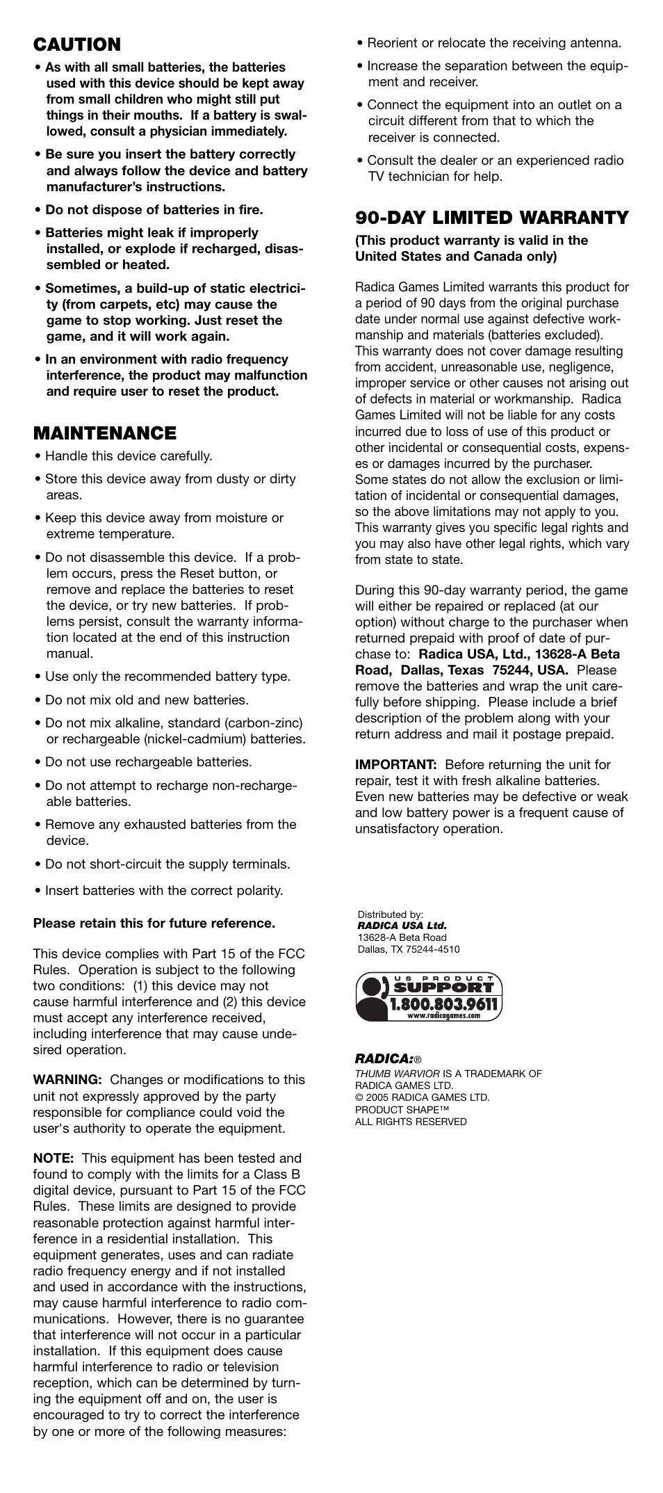 Caution, Maintenance, Day limited warranty | Magma 76047 User Manual | Page 2 / 2