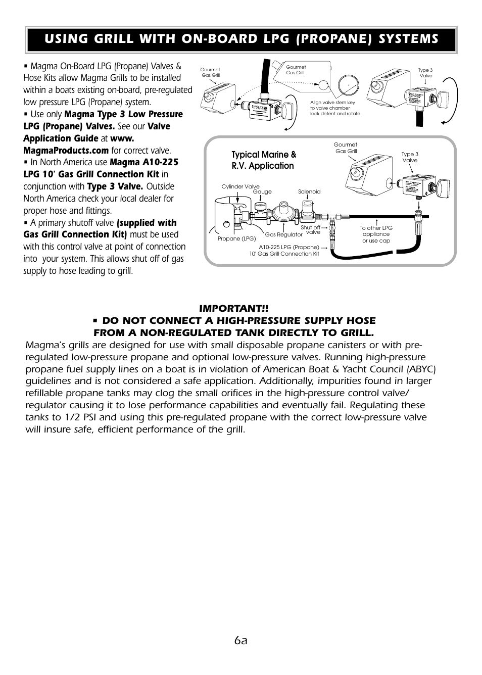 Using grill with on-board lpg (propane) systems, Typical marine & r.v. application | Magma A10-918 User Manual | Page 7 / 9