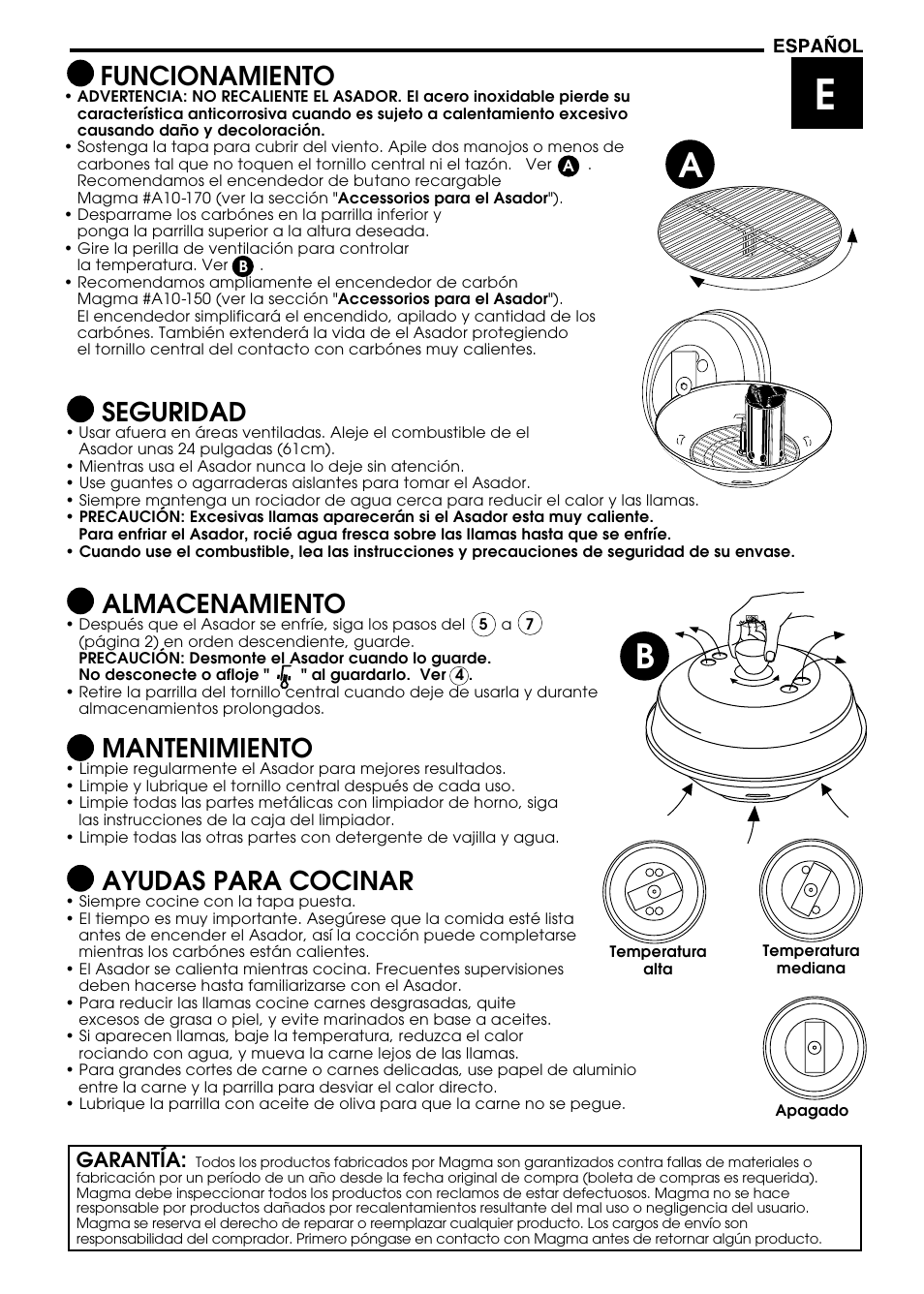 Mantenimiento, Almacenamiento, Seguridad | Funcionamiento, Ayudas para cocinar | Magma A10-014 User Manual | Page 10 / 12