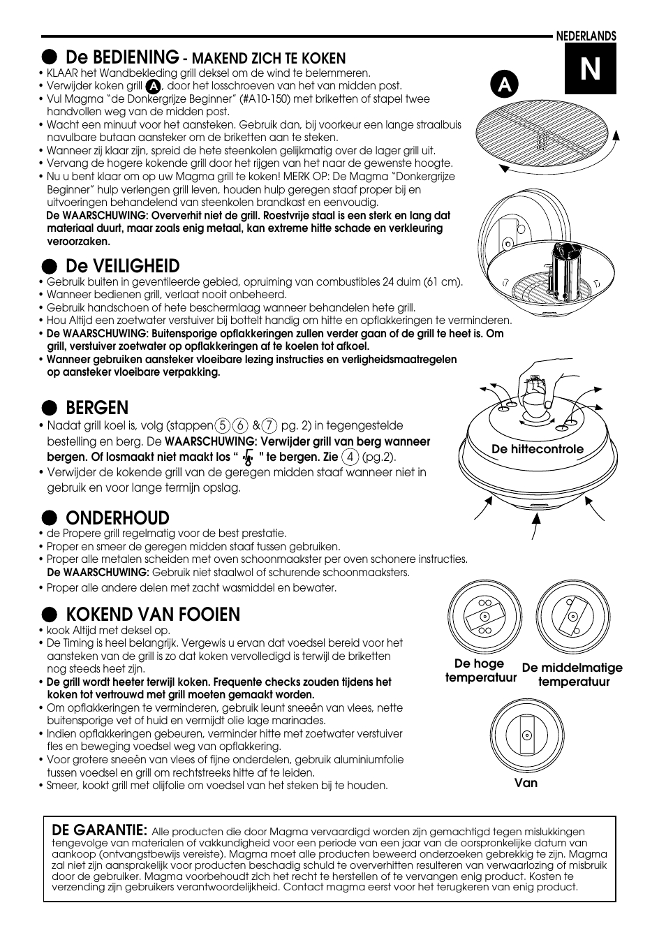 De bediening, De veiligheid, Bergen | Onderhoud, Kokend van fooien, Makend zich te koken, De garantie | Magma A10-014 User Manual | Page 11 / 12