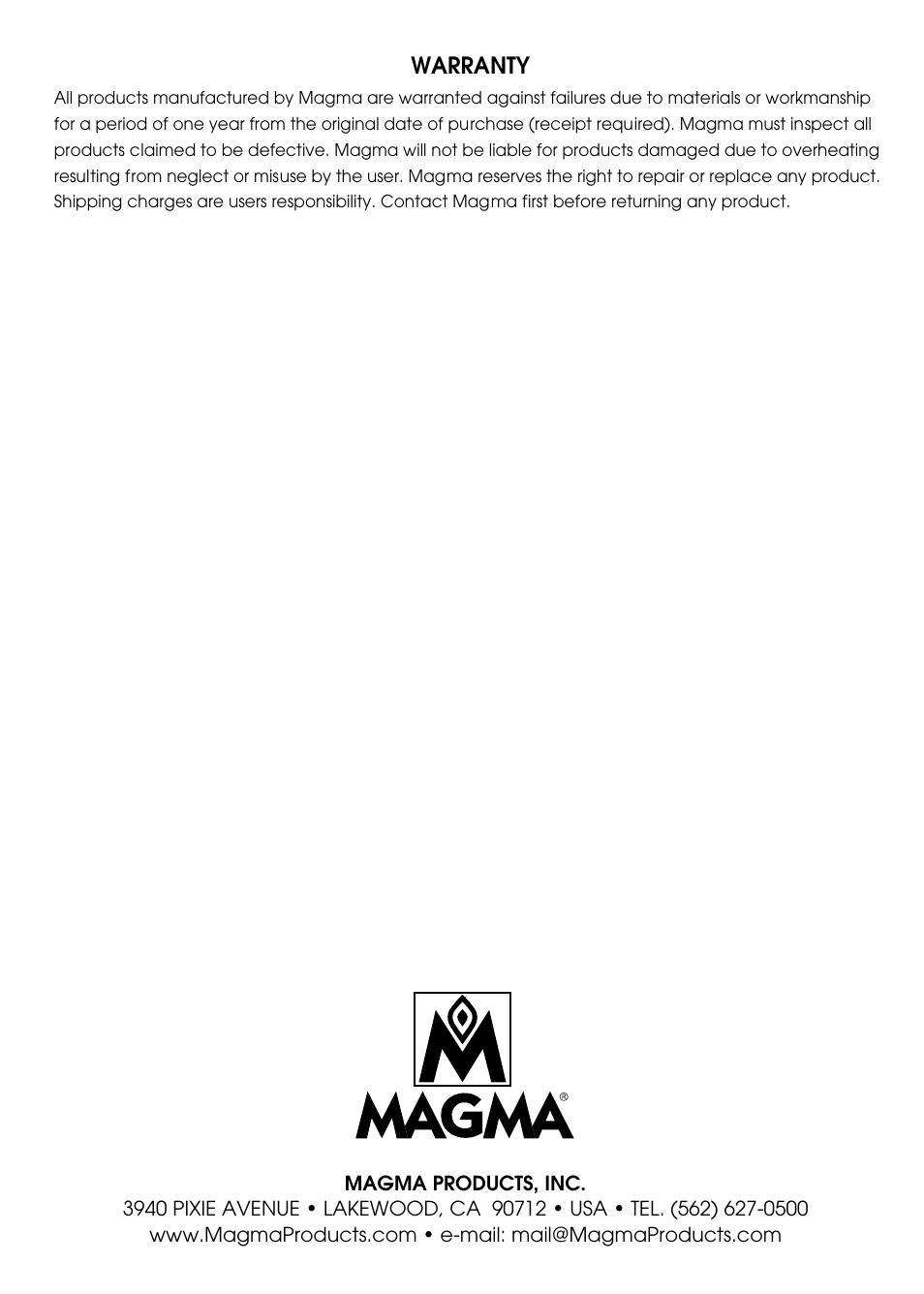 Warranty | Magma A10-014 User Manual | Page 12 / 12