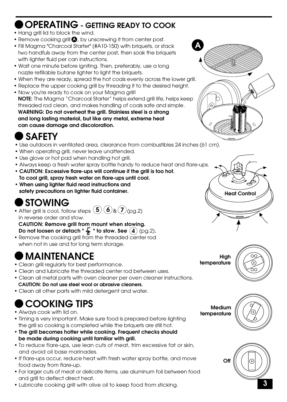Cooking tips, Maintenance, Safety | Operating, Stowing | Magma A10-014 User Manual | Page 3 / 12