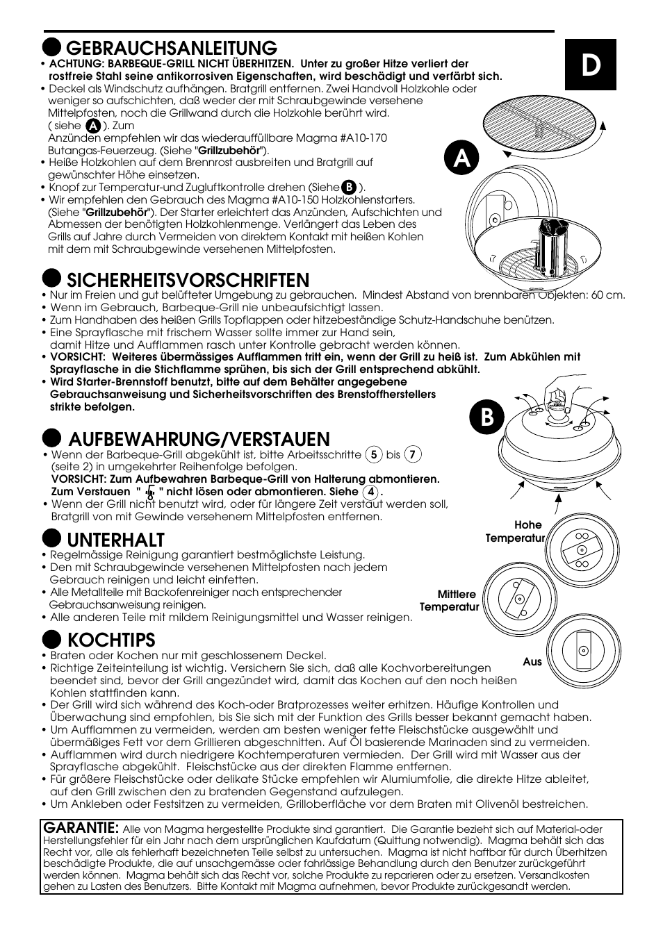 Unterhalt, Aufbewahrung/verstauen, Sicherheitsvorschriften | Gebrauchsanleitung, Kochtips | Magma A10-014 User Manual | Page 8 / 12