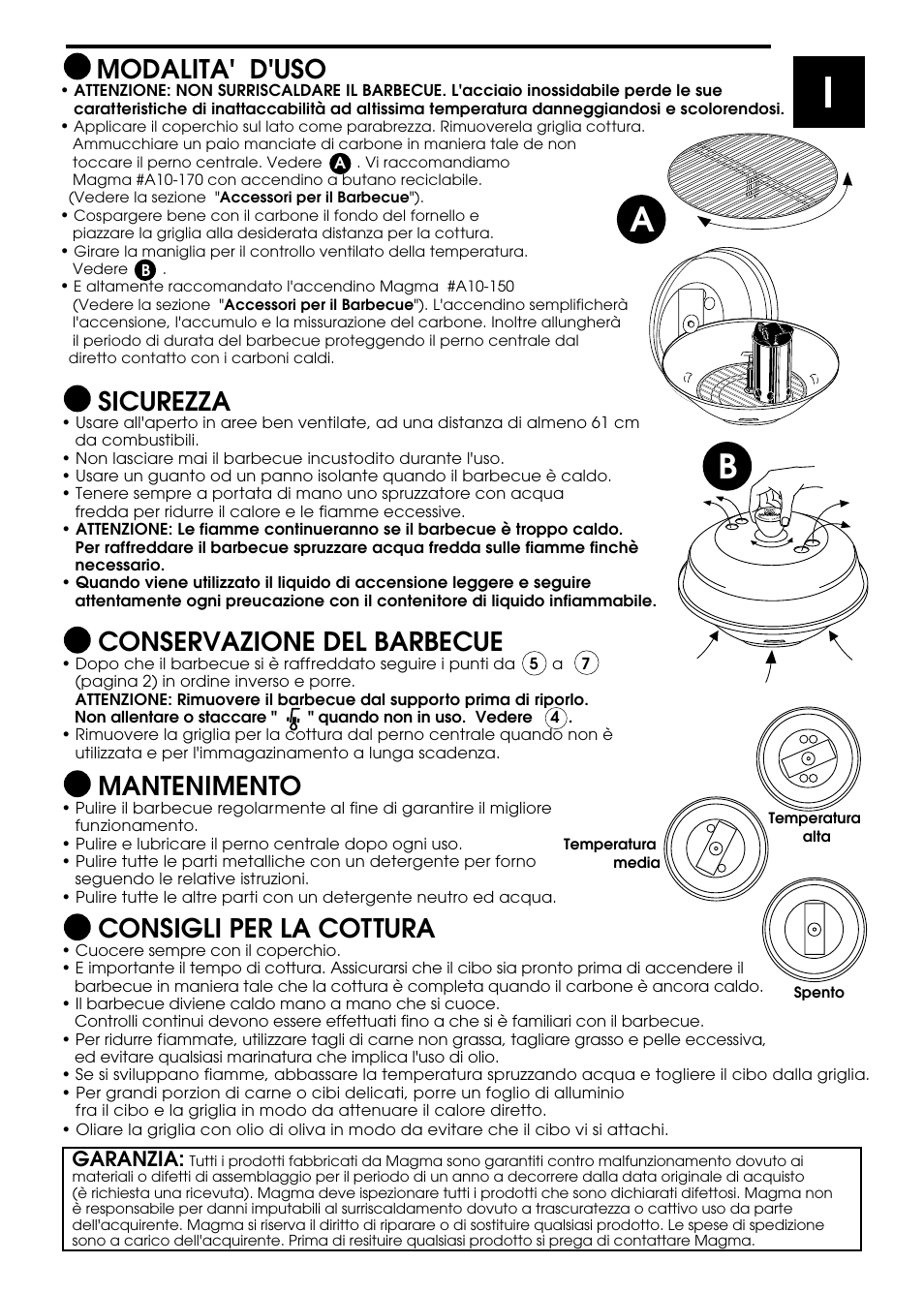 Consigli per la cottura, Mantenimento, Conservazione del barbecue | Sicurezza, Modalita' d'uso | Magma A10-014 User Manual | Page 9 / 12
