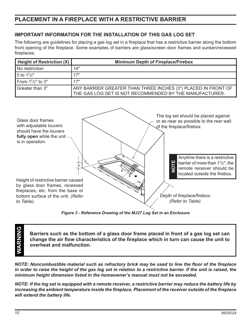 Warning | Monessen Hearth MJ27NR User Manual | Page 10 / 40