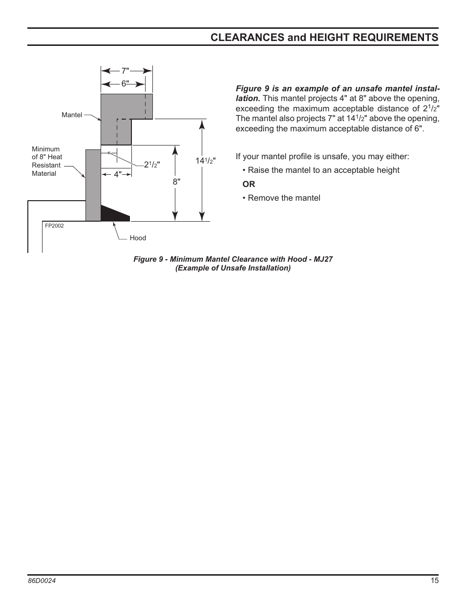 Clearances and height requirements | Monessen Hearth MJ27NR User Manual | Page 15 / 40