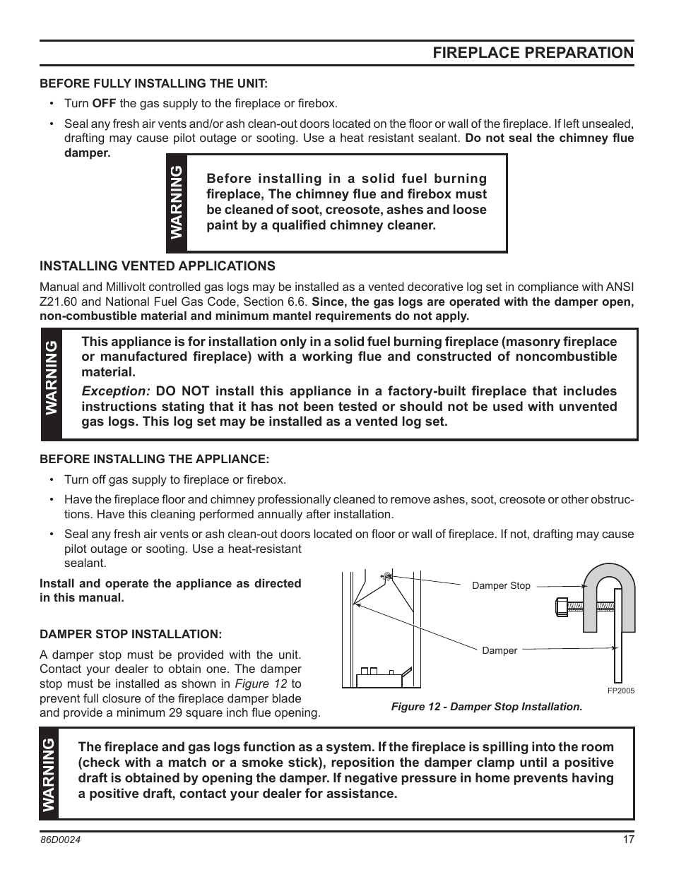Fireplace preparation, Warning | Monessen Hearth MJ27NR User Manual | Page 17 / 40