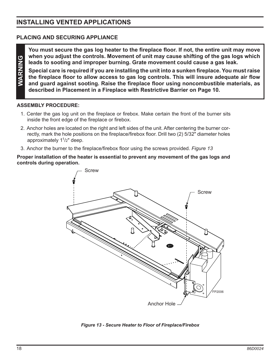 Installing vented applications, Warning | Monessen Hearth MJ27NR User Manual | Page 18 / 40