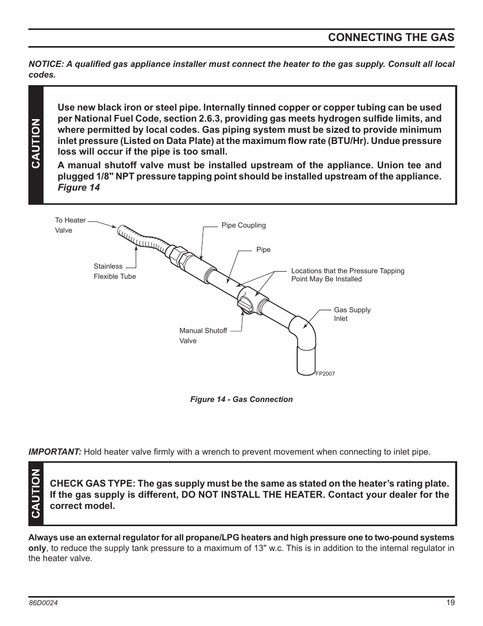 Connecting the gas, Caution, Fp2007 gas connection | Monessen Hearth MJ27NR User Manual | Page 19 / 40
