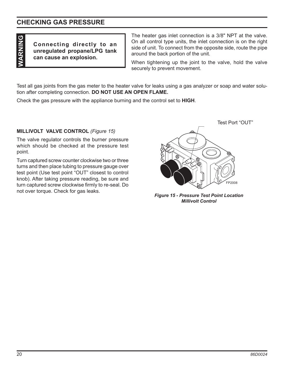 Checking gas pressure, Warning | Monessen Hearth MJ27NR User Manual | Page 20 / 40