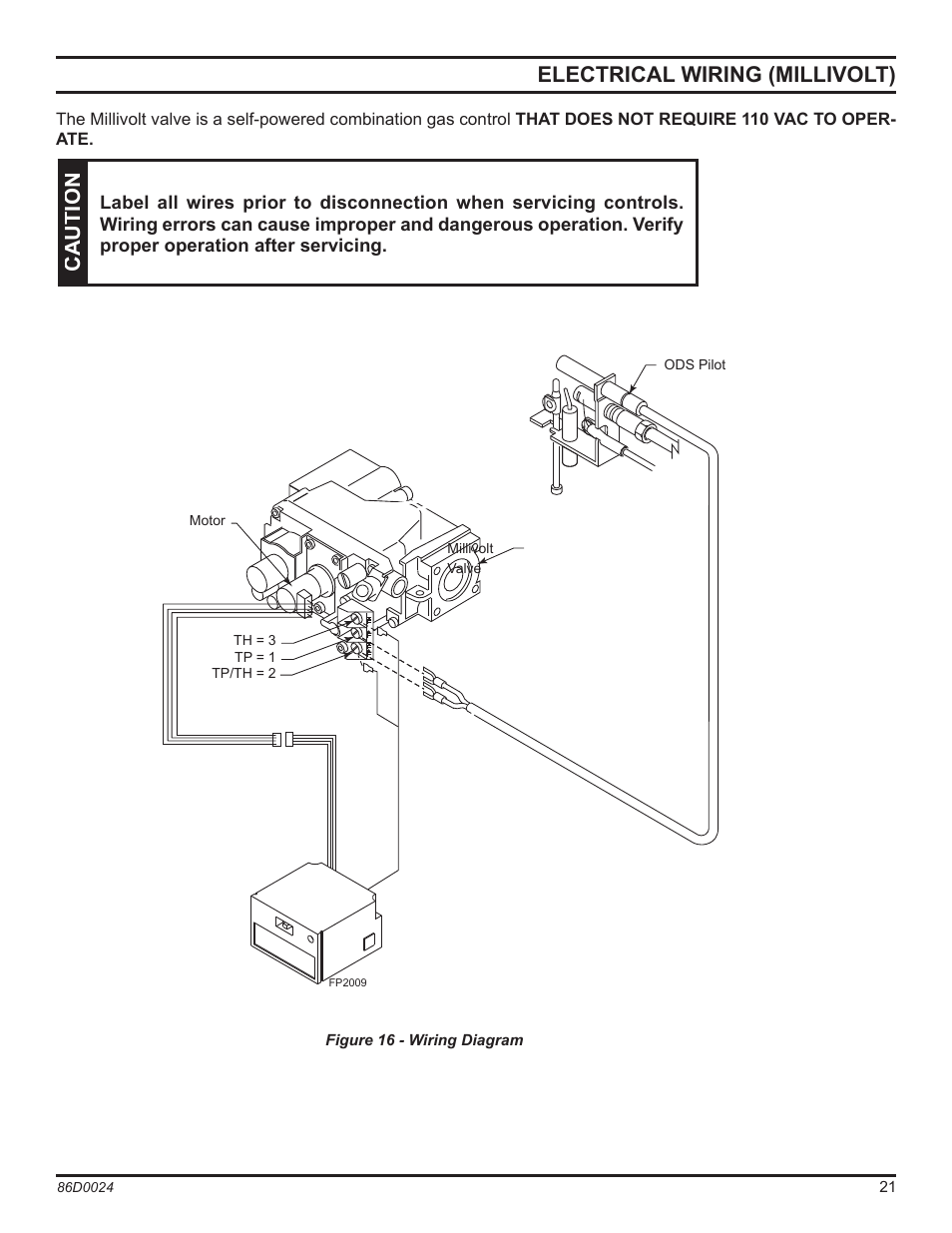 Electrical wiring (millivolt), Caution, Fp2009 mj wiring diagram | Monessen Hearth MJ27NR User Manual | Page 21 / 40
