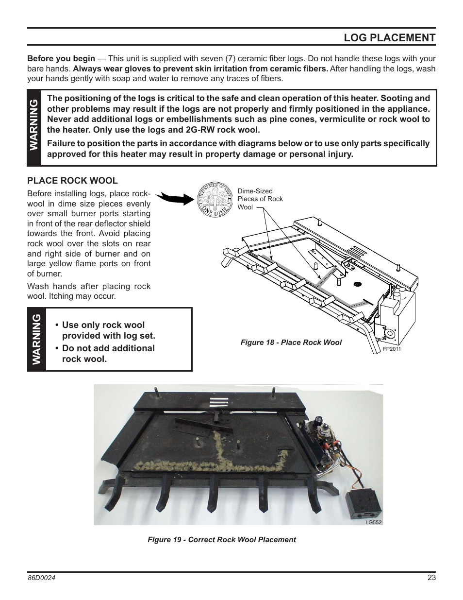 Log placement, Warning | Monessen Hearth MJ27NR User Manual | Page 23 / 40