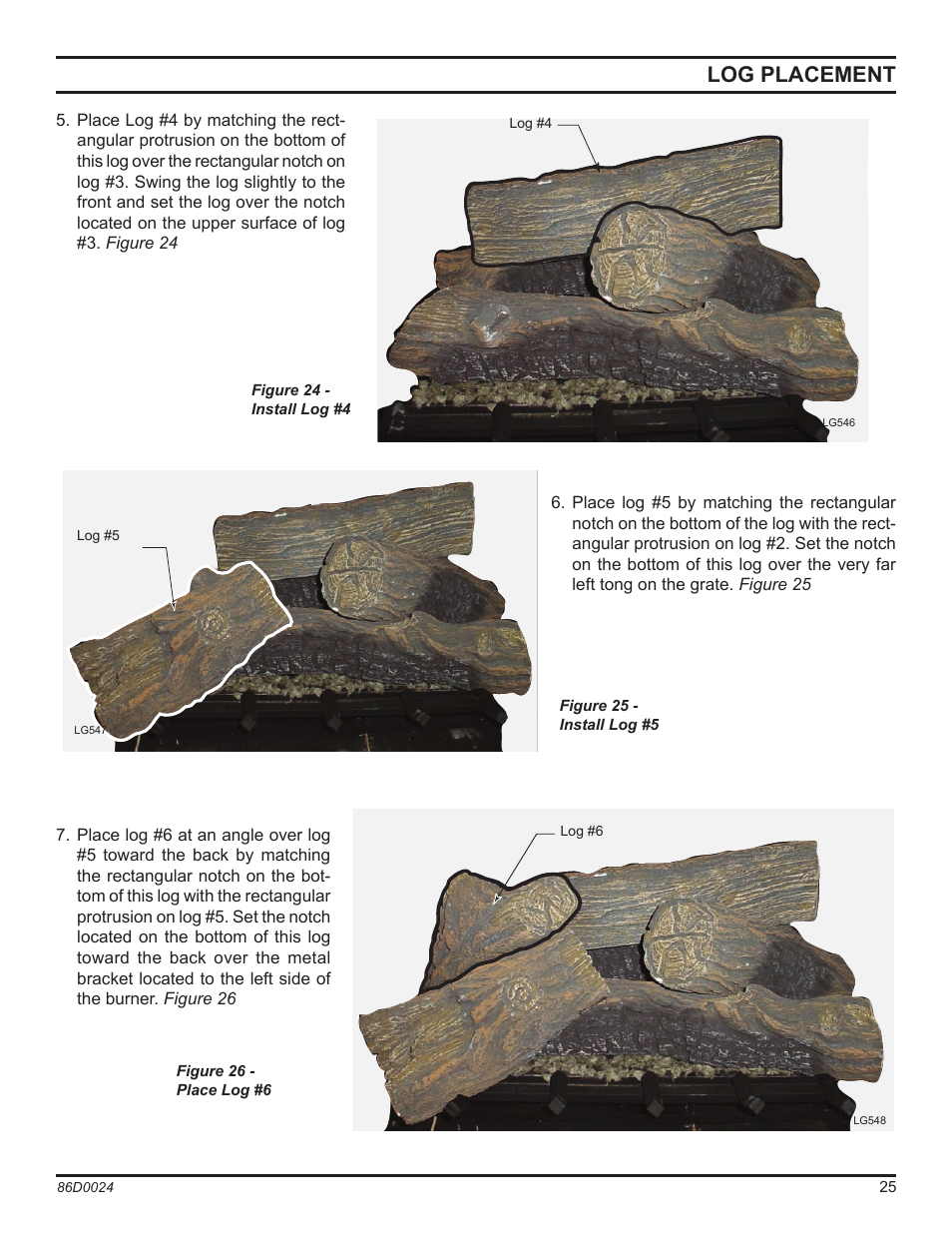 Log placement, Lg548 mldv log 6 | Monessen Hearth MJ27NR User Manual | Page 25 / 40