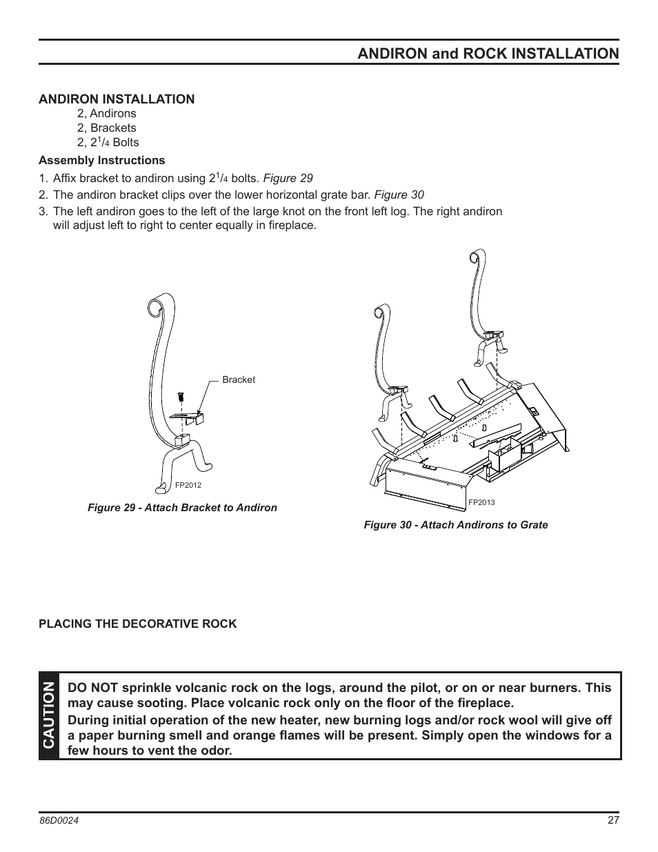 Andiron and rock installation, Caution | Monessen Hearth MJ27NR User Manual | Page 27 / 40