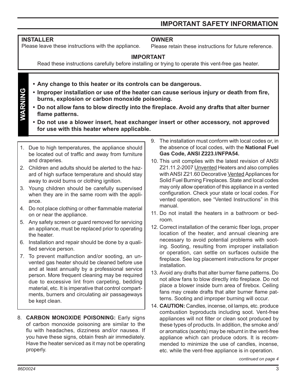Important safety information, Warning | Monessen Hearth MJ27NR User Manual | Page 3 / 40