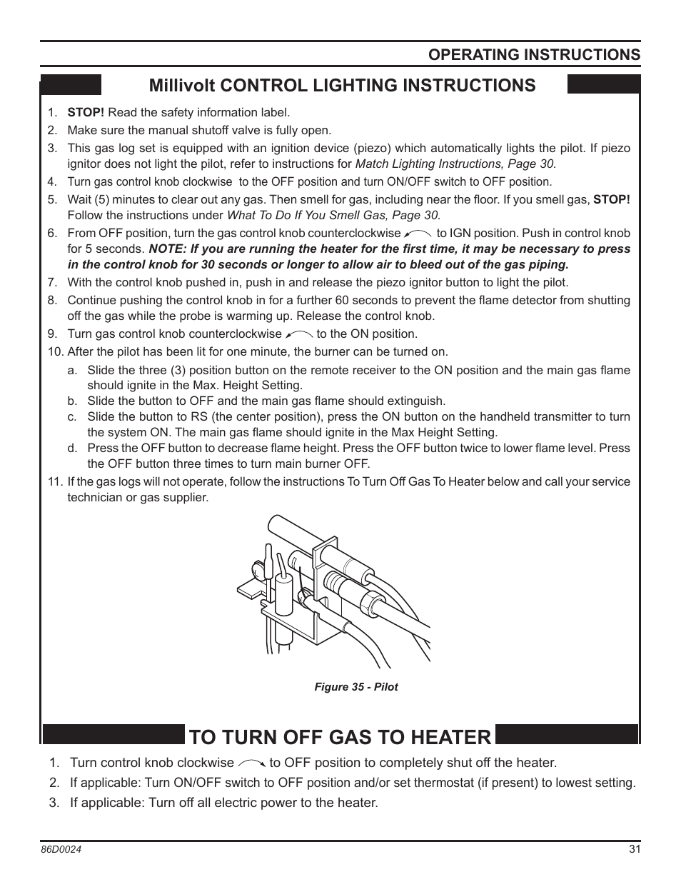 Millivolt control lighting instructions | Monessen Hearth MJ27NR User Manual | Page 31 / 40