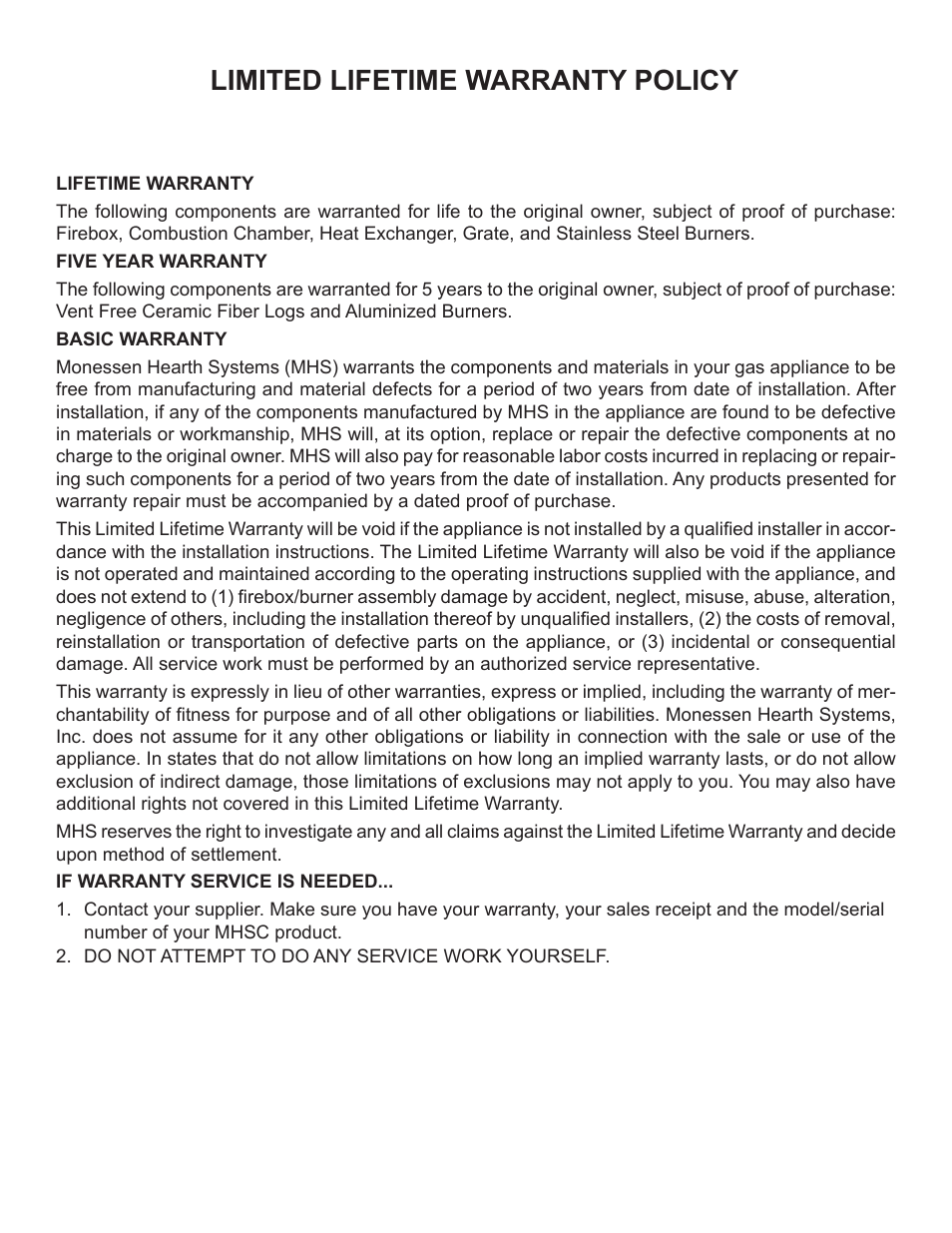 Limited lifetime warranty policy | Monessen Hearth MJ27NR User Manual | Page 39 / 40