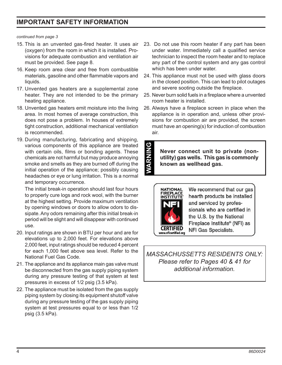 Important safety information | Monessen Hearth MJ27NR User Manual | Page 4 / 40