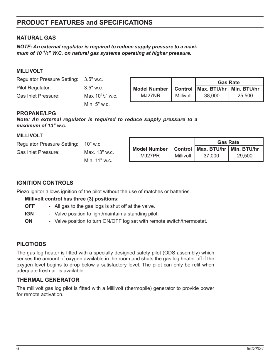 Product features and specifications | Monessen Hearth MJ27NR User Manual | Page 6 / 40