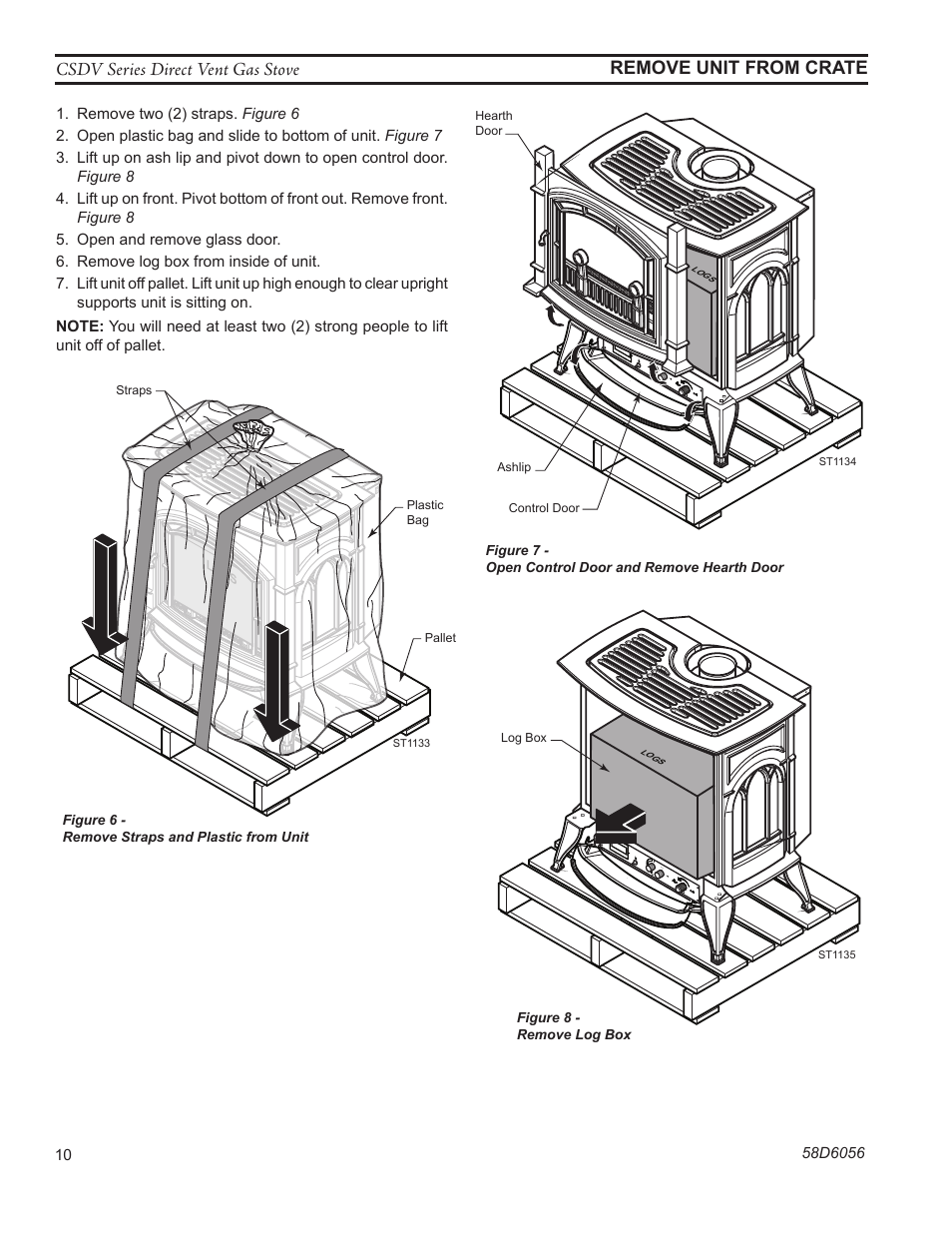 St1133 remove straps, St1134 remove front, St1135 remove log box | Csdv series direct vent gas stove, Remove unit from crate | Monessen Hearth CSDV40SLP User Manual | Page 10 / 44