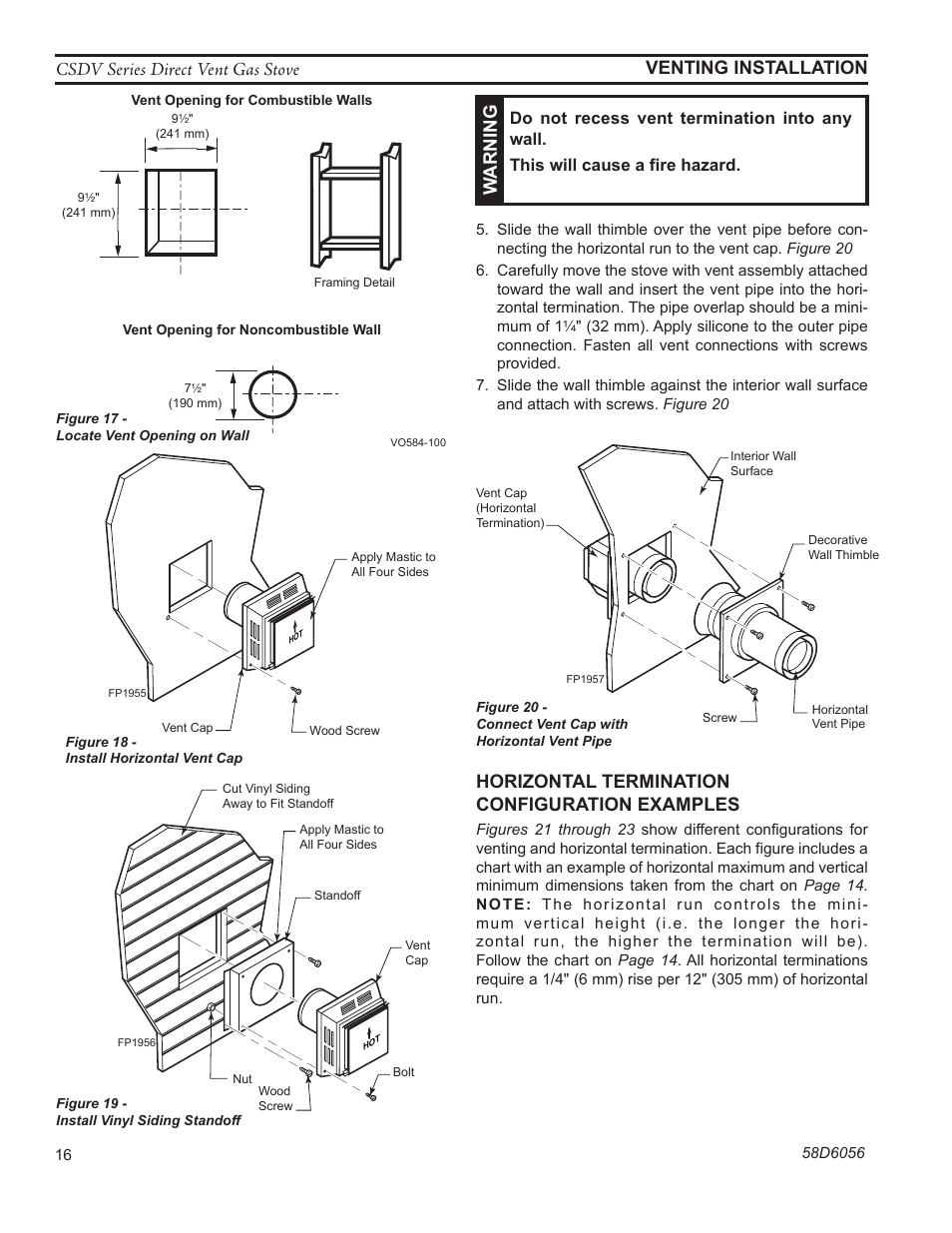 Fp1955 horizontal vent cap, Fp1956 vinyl siding standoff, Warning | Fp1957 install firestop, Horizontal termination configuration examples | Monessen Hearth CSDV40SLP User Manual | Page 16 / 44