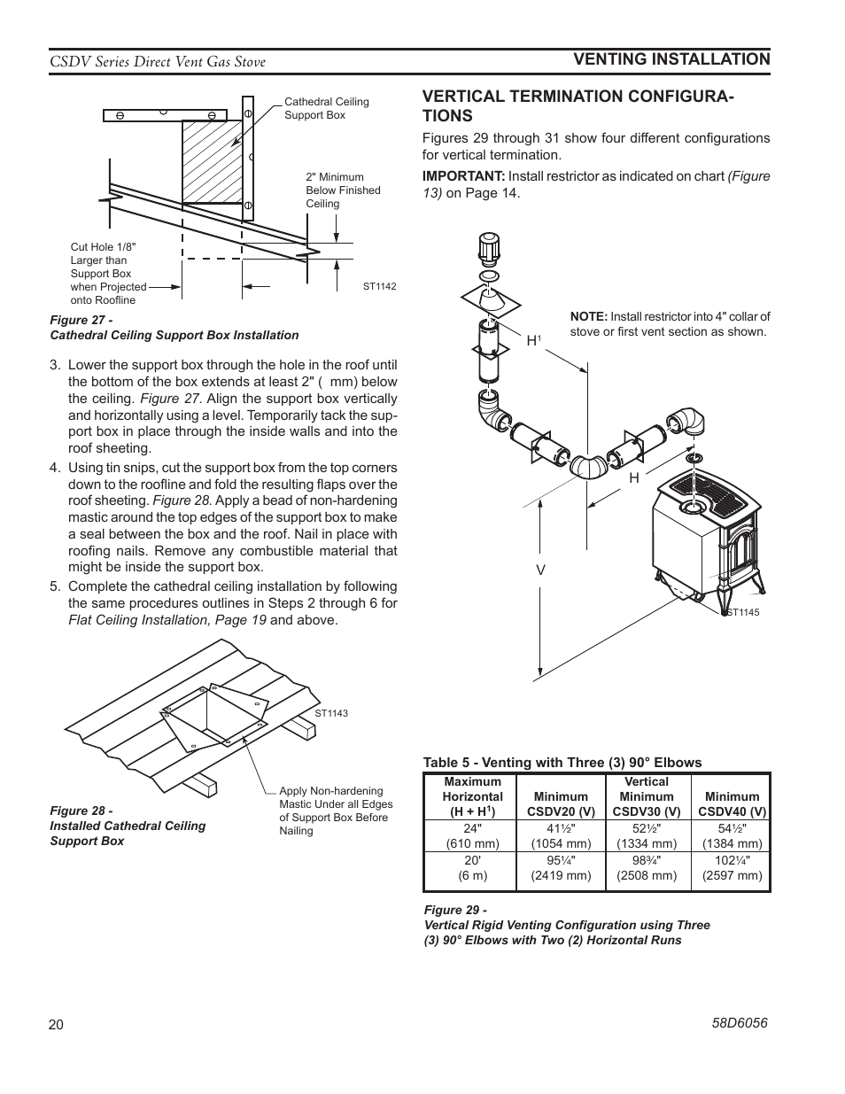 St1141 cath clg box, Csdv series direct vent gas stove, Venting installation | St1143 cath clg install, Vertical termination configura- tions | Monessen Hearth CSDV40SLP User Manual | Page 20 / 44