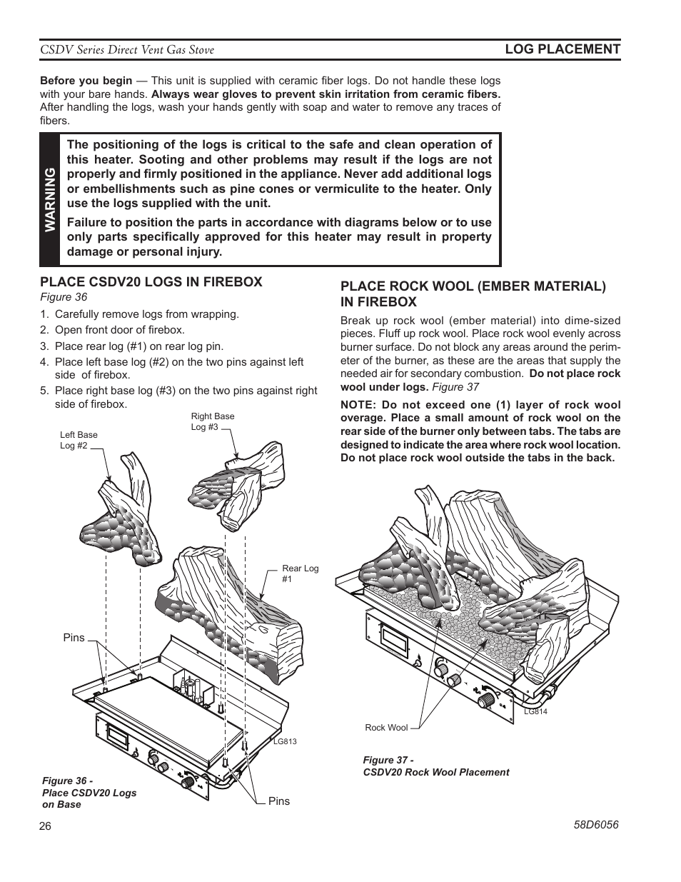 Csdv series direct vent gas stove log placement, Warning, Place csdv20 logs in firebox | Place rock wool (ember material) in firebox, Pins | Monessen Hearth CSDV40SLP User Manual | Page 26 / 44