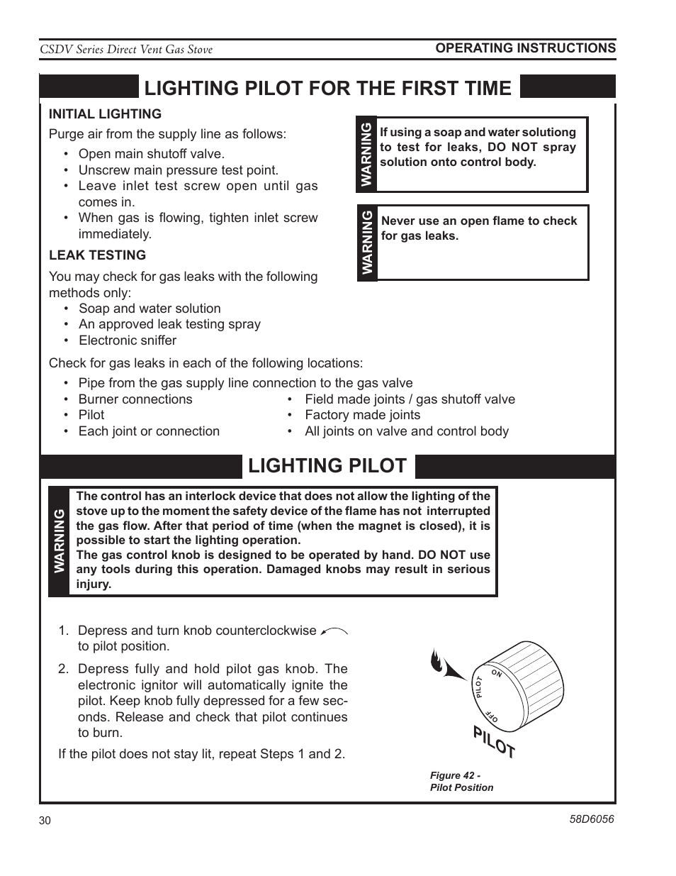 Lighting pilot for the first time, Lighting pilot, Pilot | Monessen Hearth CSDV40SLP User Manual | Page 30 / 44