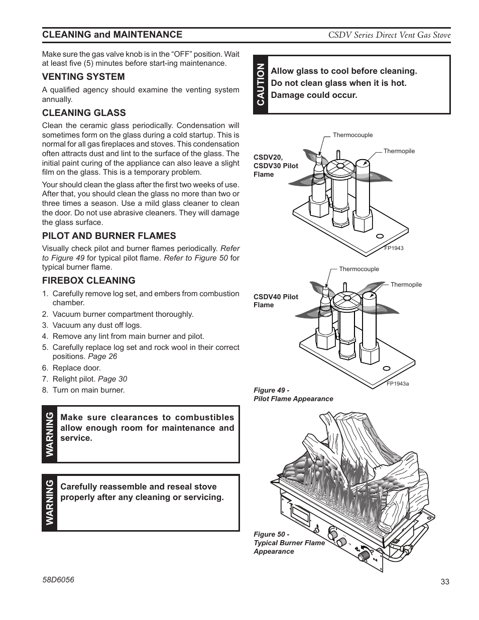 Venting system, Cleaning glass, Pilot and burner flames | Firebox cleaning, Caution, Fp1943 pilot flame, Lg820 csdv log flame, Warning | Monessen Hearth CSDV40SLP User Manual | Page 33 / 44